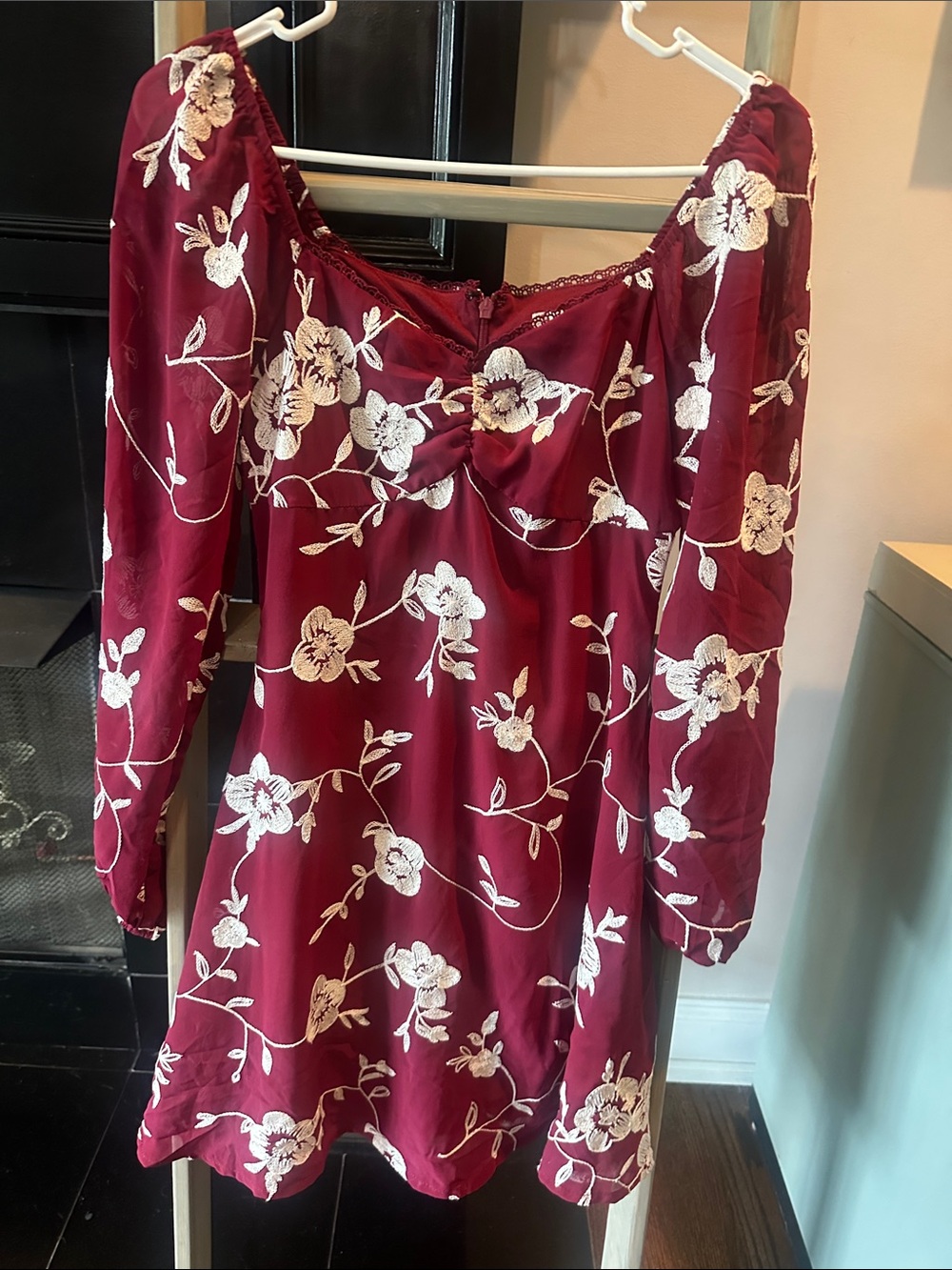 Altar'd State Burgundy Dress with White Floral Embroidery